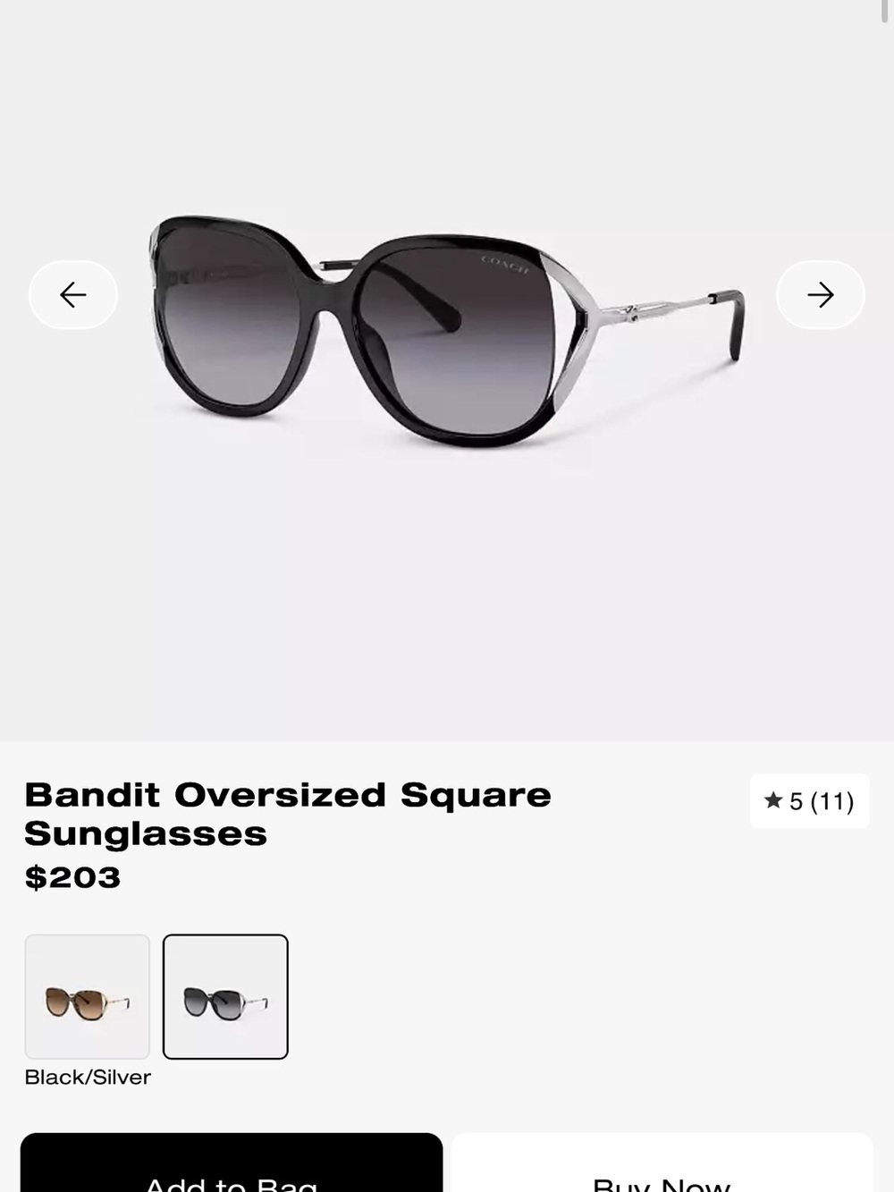 Coach Bandit Oversized Square Sunglasses in Black with Silver Temples